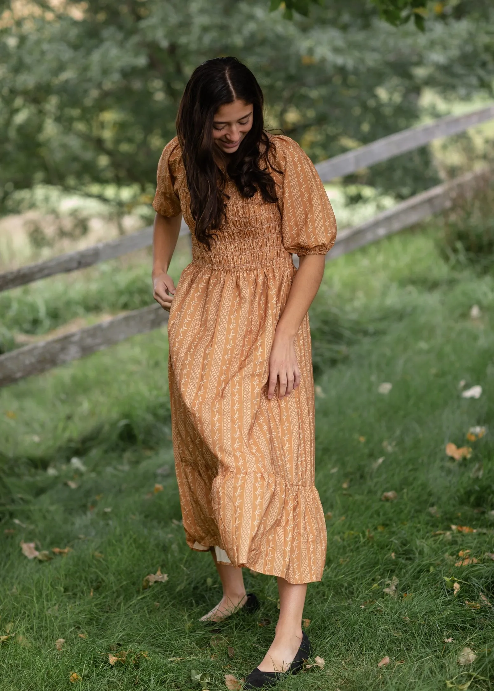 Camel Smocked Bodice Square Neck Midi Dress - FINAL SALE