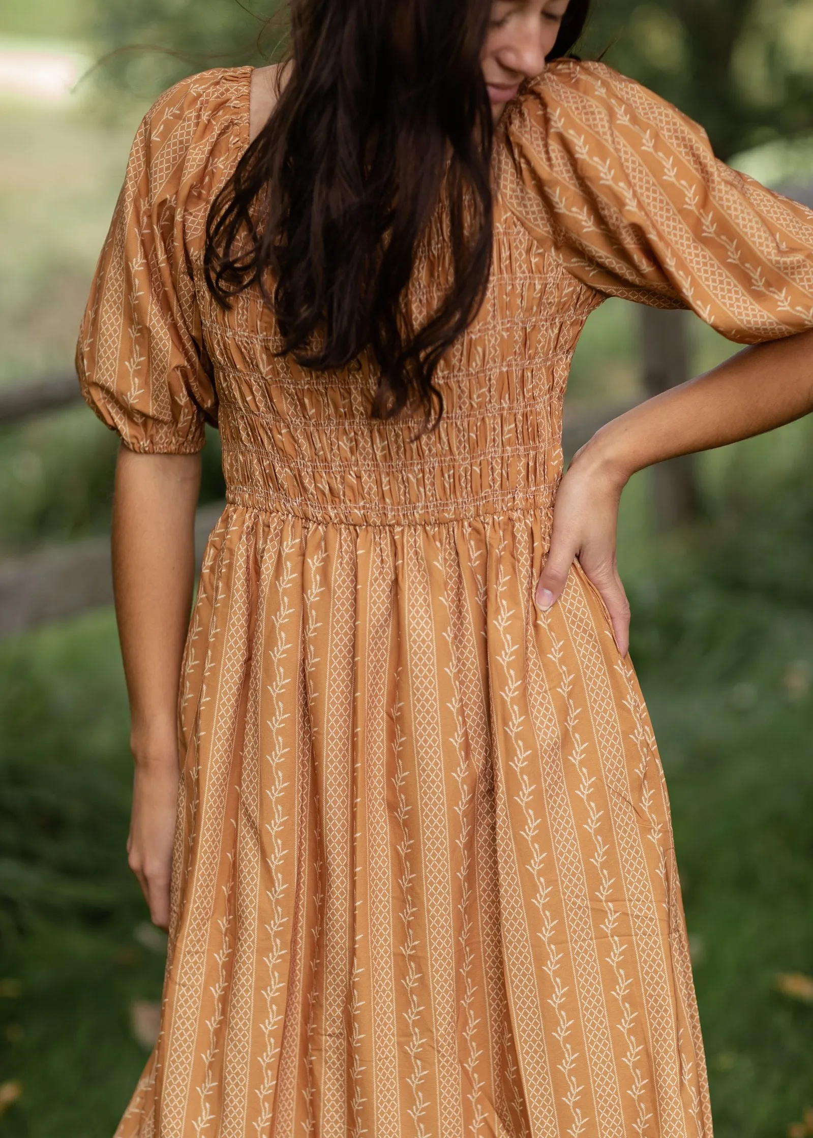 Camel Smocked Bodice Square Neck Midi Dress - FINAL SALE