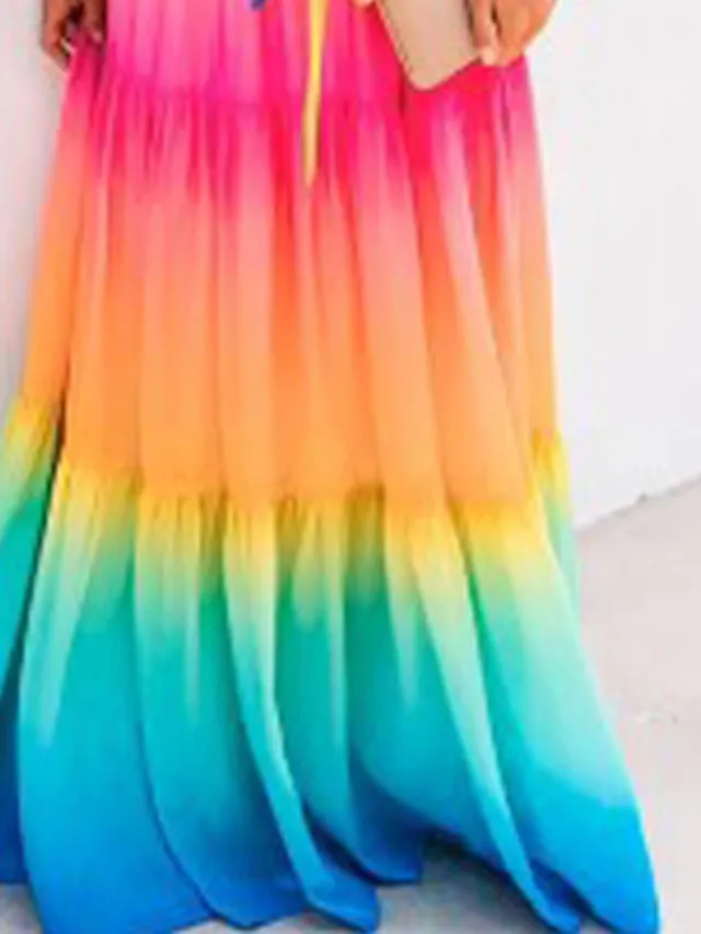Casual Dress Swing Dress Long Dress Maxi Dress Rainbow Half Sleeve Rainbow Print Fall Spring Autumn Off Shoulder S M L XL XXL for Women