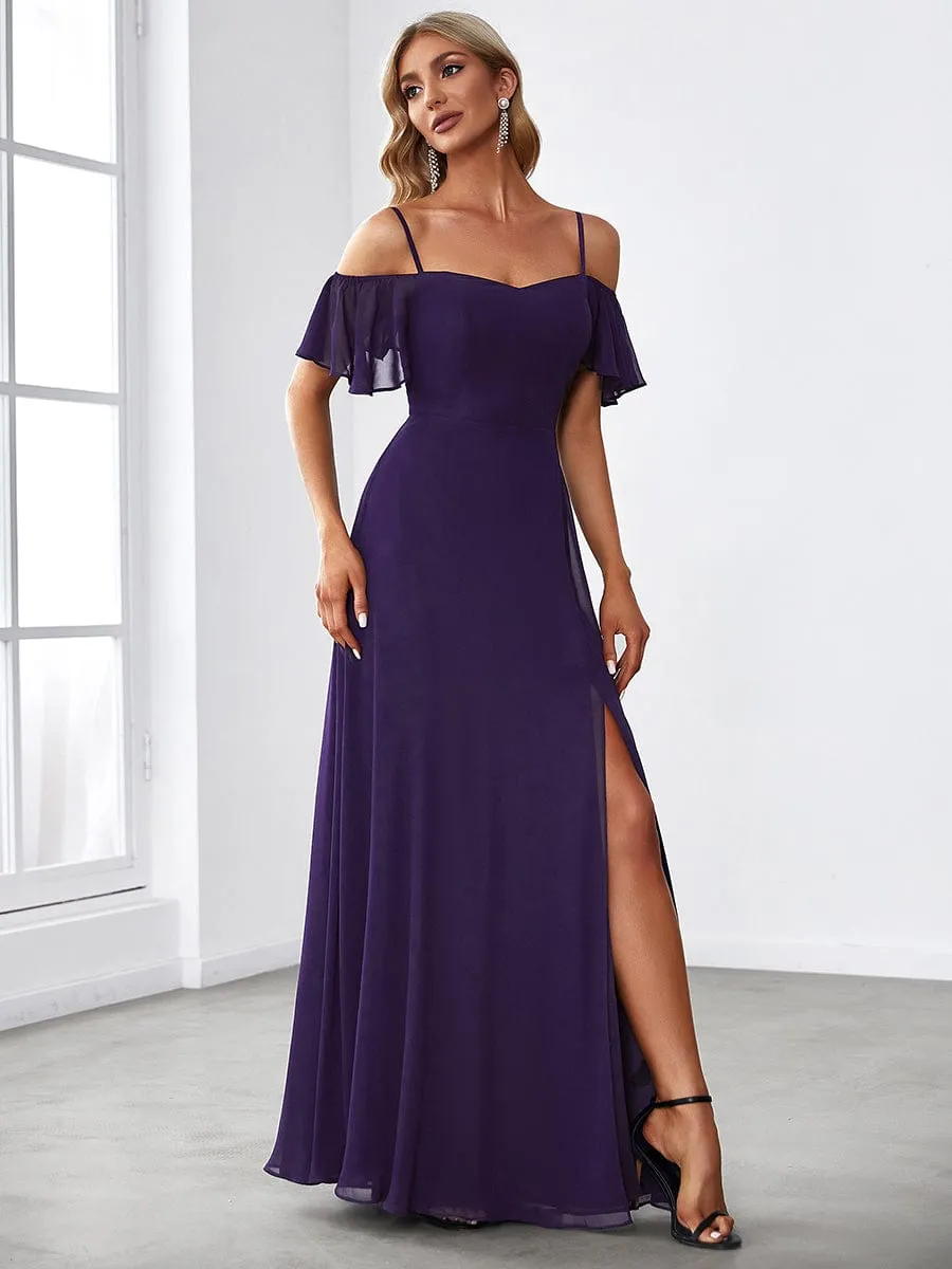 Cold Shoulder High Slit Chiffon Wedding Guest Dress