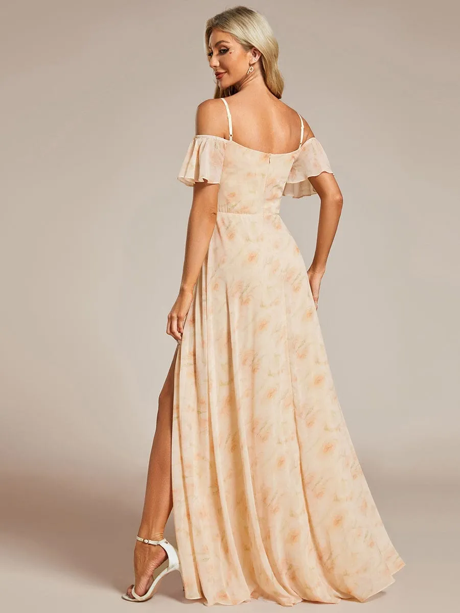 Cold Shoulder High Slit Chiffon Wedding Guest Dress