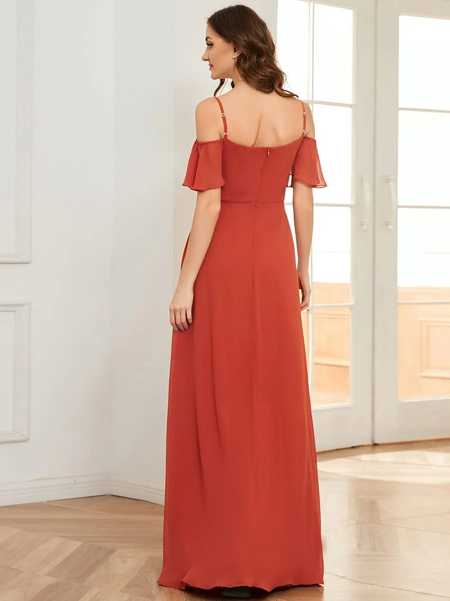 Cold Shoulder High Slit Chiffon Wedding Guest Dress