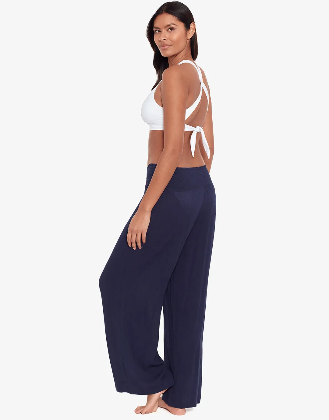 Crinkle Smocked Waist Beach Pant - Dark Navy