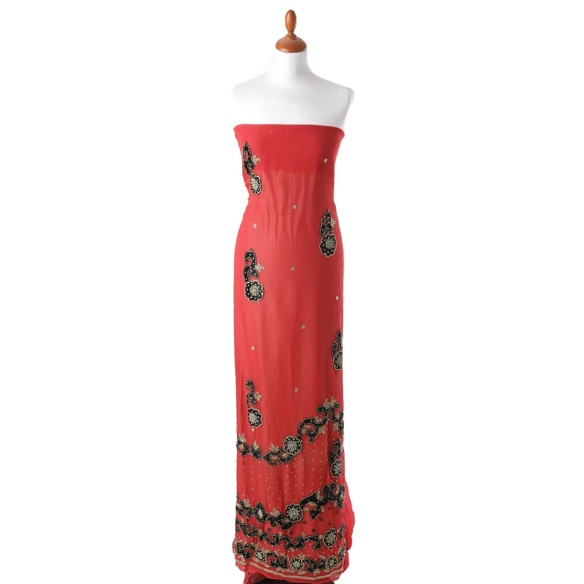 Fire brick red nylon tulle fabric with black velvet flock having golden bead work and stone work in floral design
