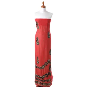 Fire brick red nylon tulle fabric with black velvet flock having golden bead work and stone work in floral design