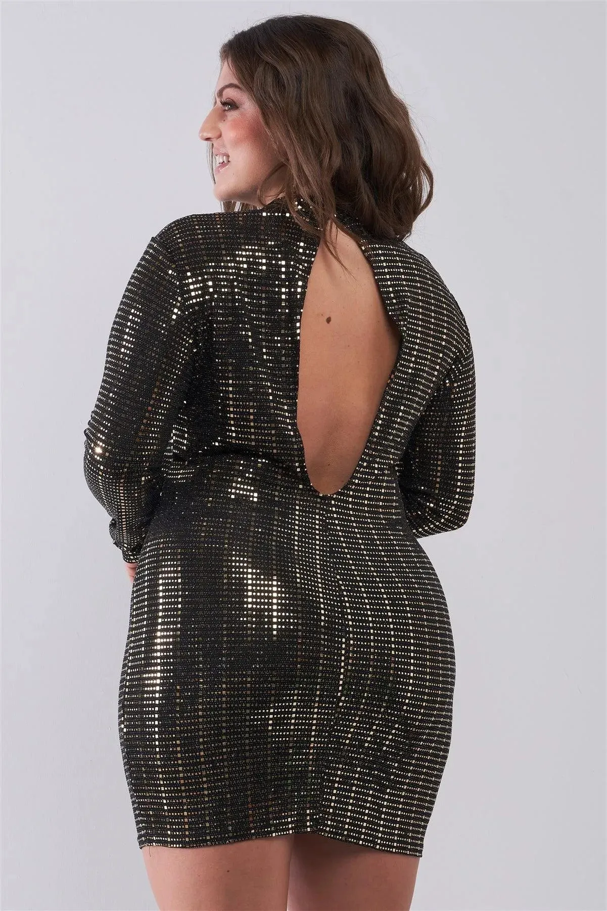 Junior Plus Size Black Gold Sequin Mesh Long Sleeve Mock Neck Slit Back Detail Relaxed Mini Dress /2-2-2