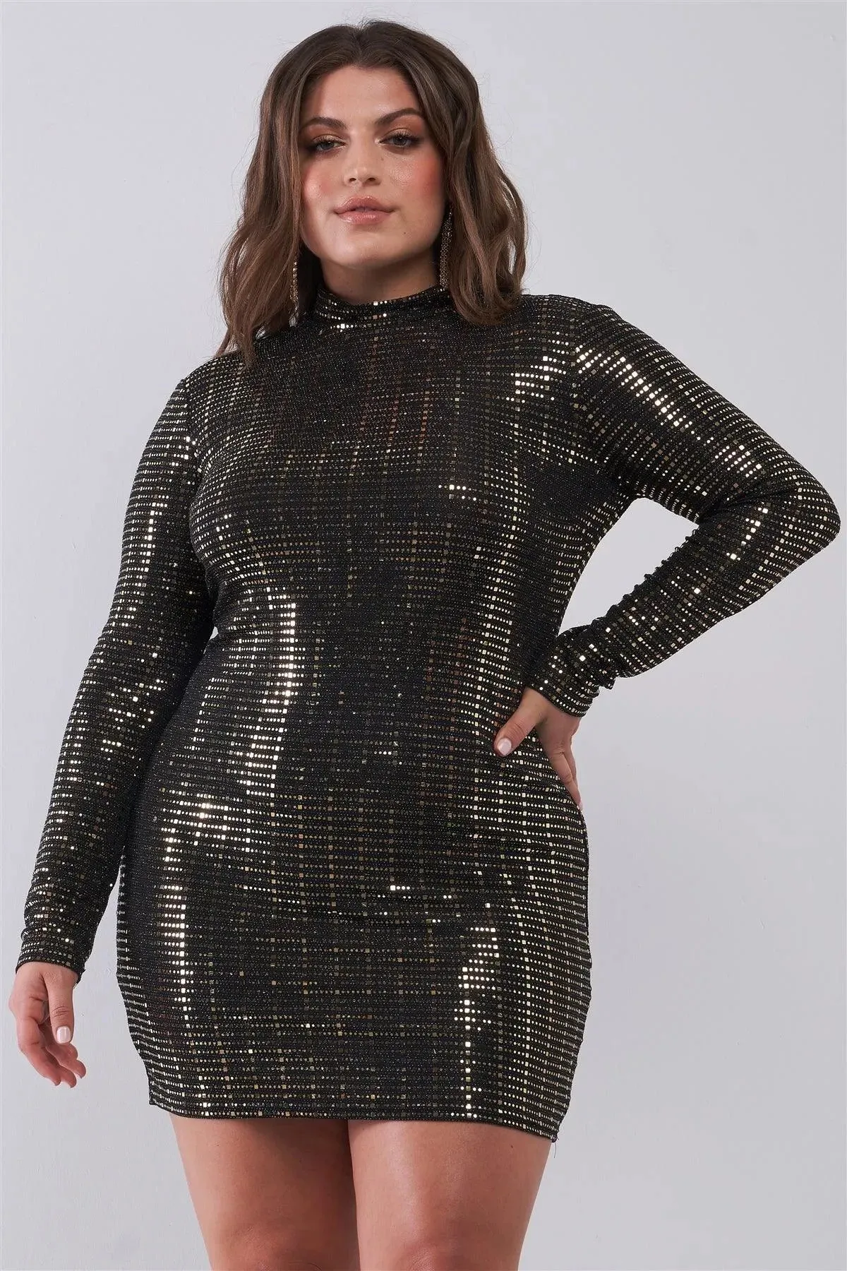 Junior Plus Size Black Gold Sequin Mesh Long Sleeve Mock Neck Slit Back Detail Relaxed Mini Dress /2-2-2
