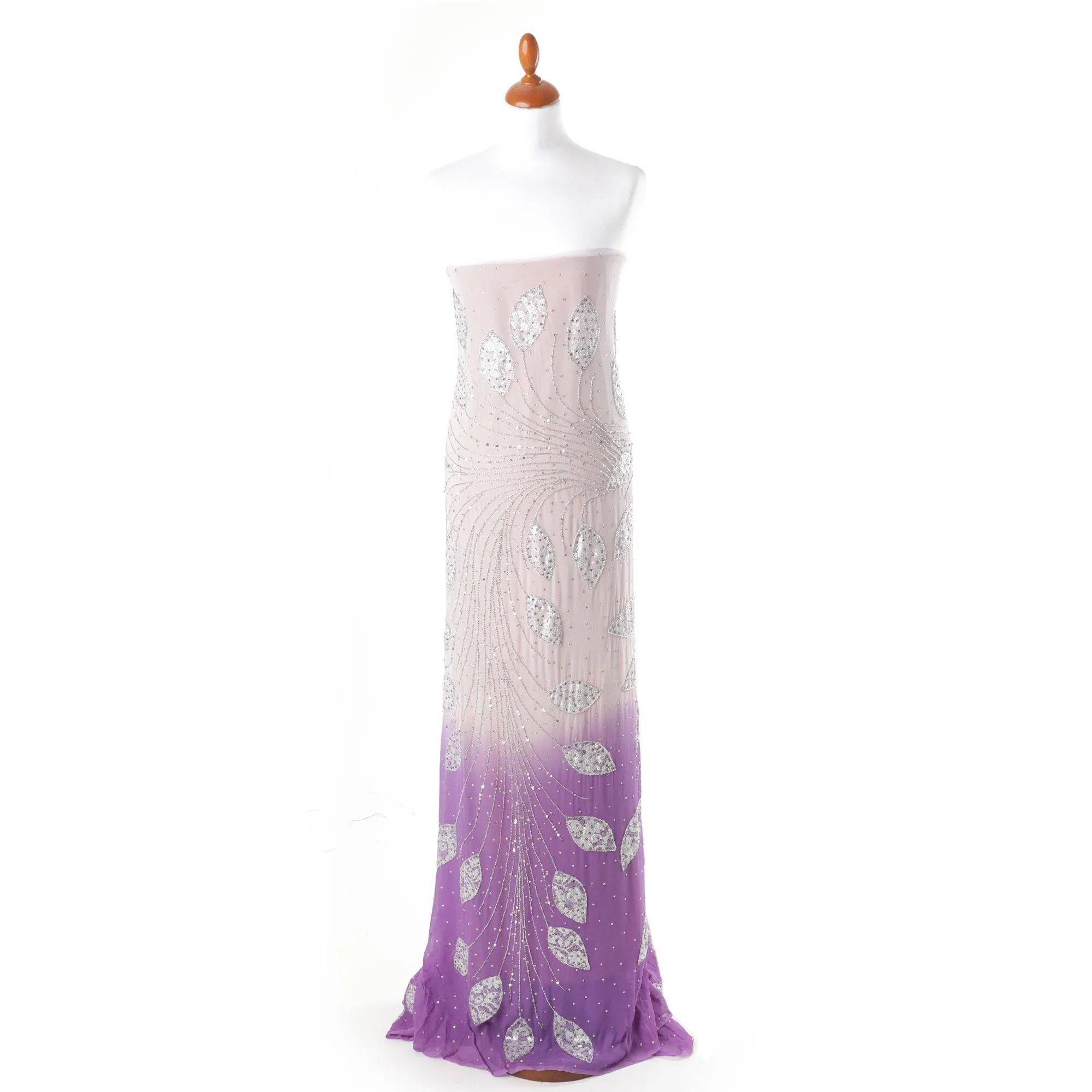 Off white to lavender georgette chiffon fabric with silver embroidery, beads, sequins having gold and lavender stone work in leaf design