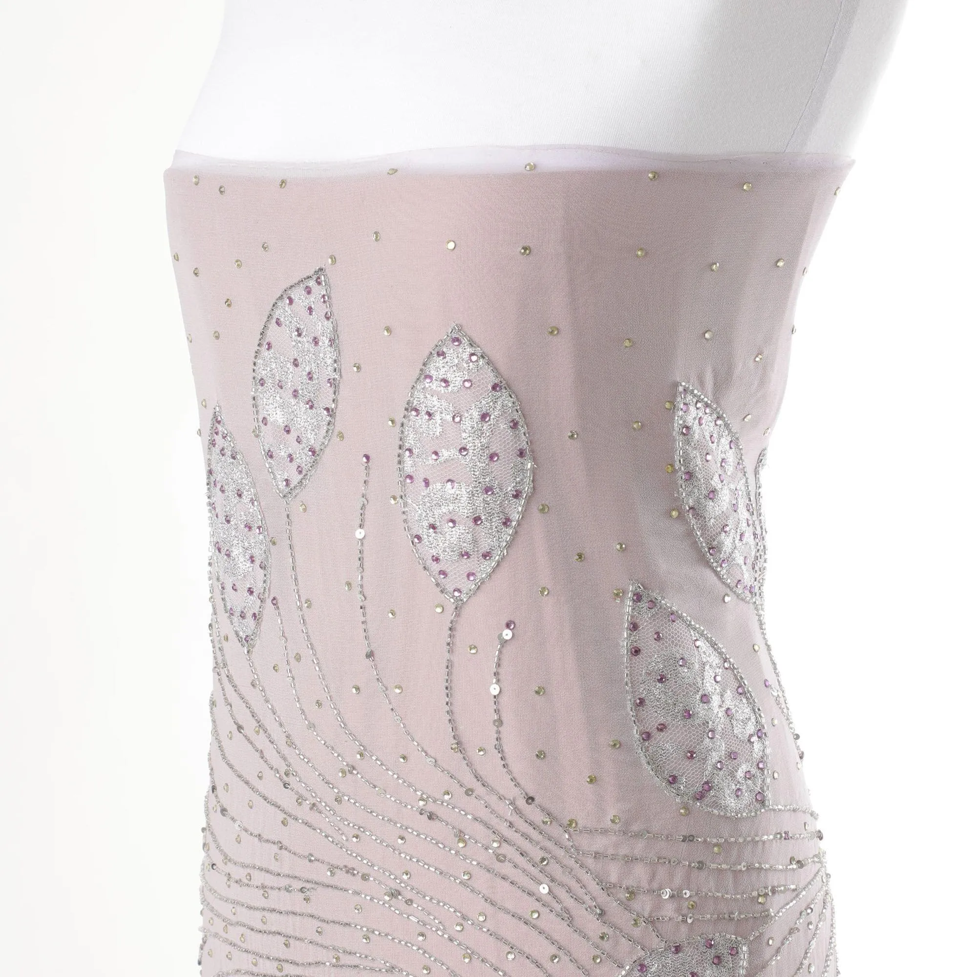 Off white to lavender georgette chiffon fabric with silver embroidery, beads, sequins having gold and lavender stone work in leaf design