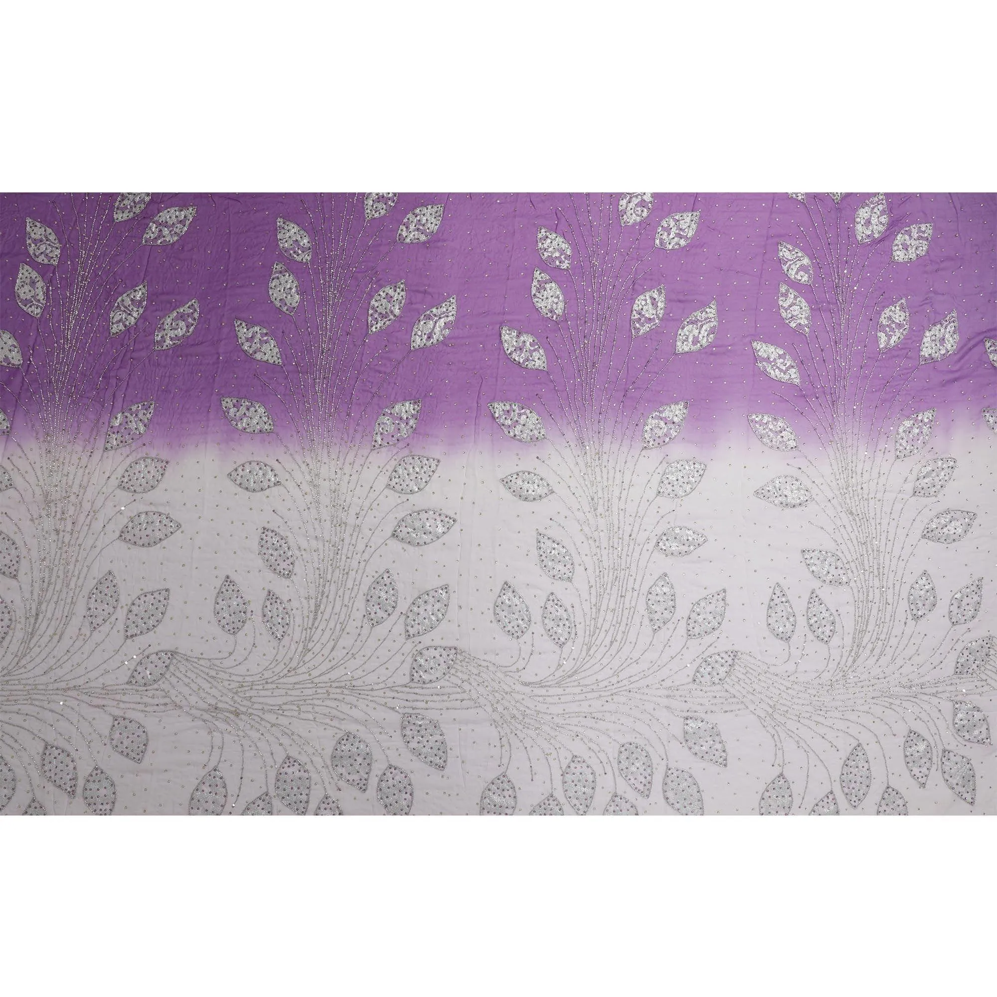 Off white to lavender georgette chiffon fabric with silver embroidery, beads, sequins having gold and lavender stone work in leaf design