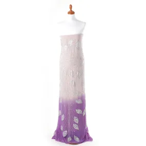 Off white to lavender georgette chiffon fabric with silver embroidery, beads, sequins having gold and lavender stone work in leaf design