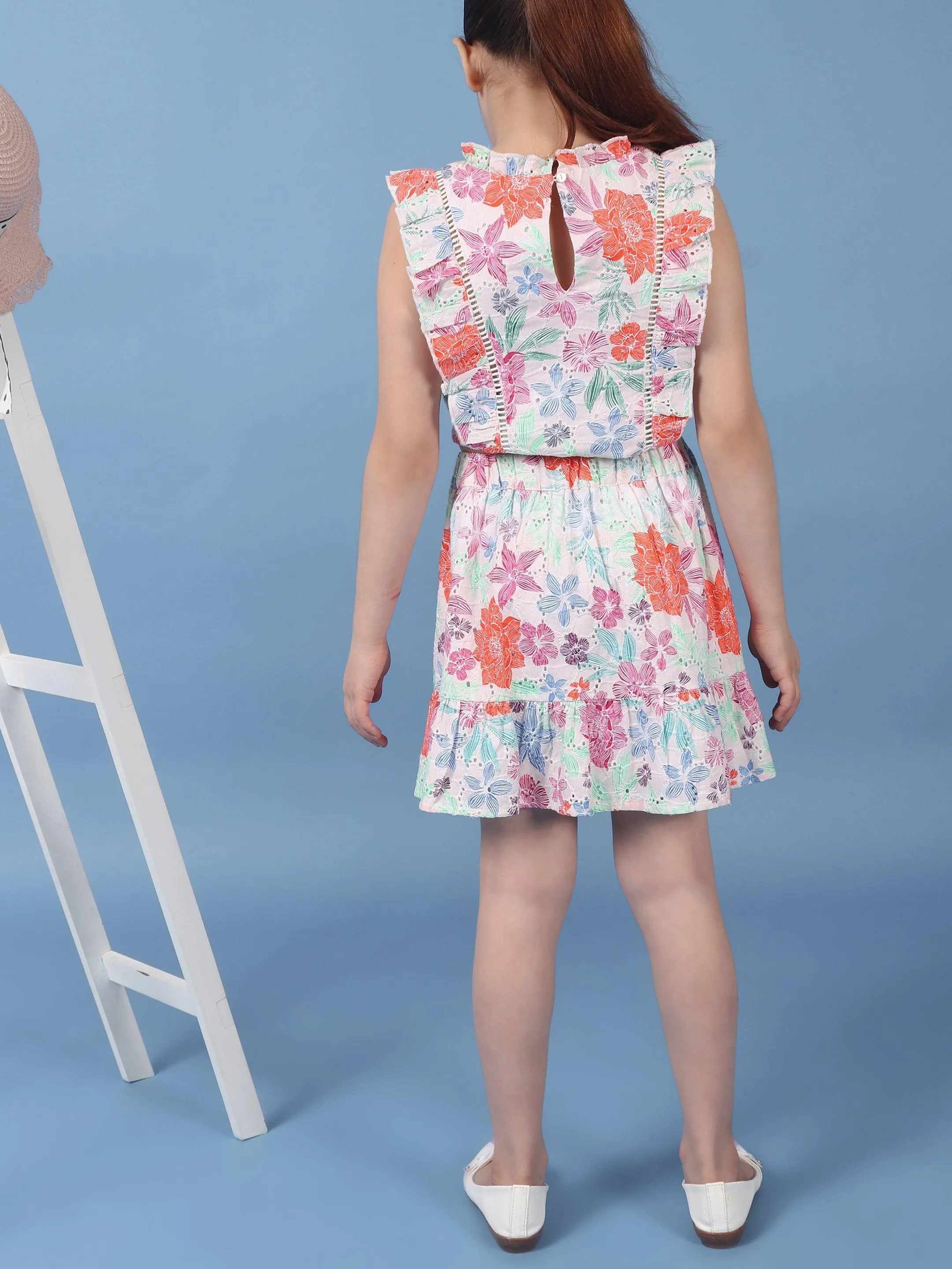 One Friday Kids Girls Beige Printed Tiered Skirt With Elasticated Waistband