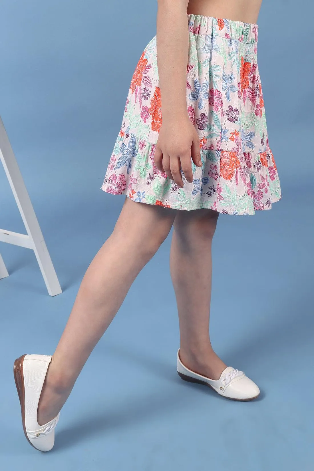 One Friday Kids Girls Beige Printed Tiered Skirt With Elasticated Waistband
