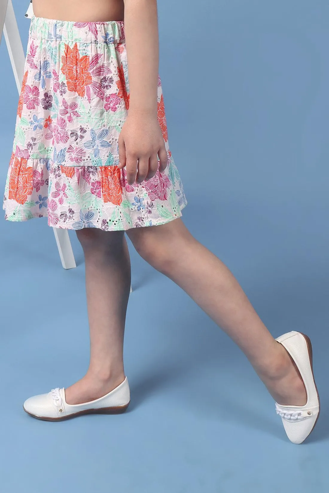 One Friday Kids Girls Beige Printed Tiered Skirt With Elasticated Waistband