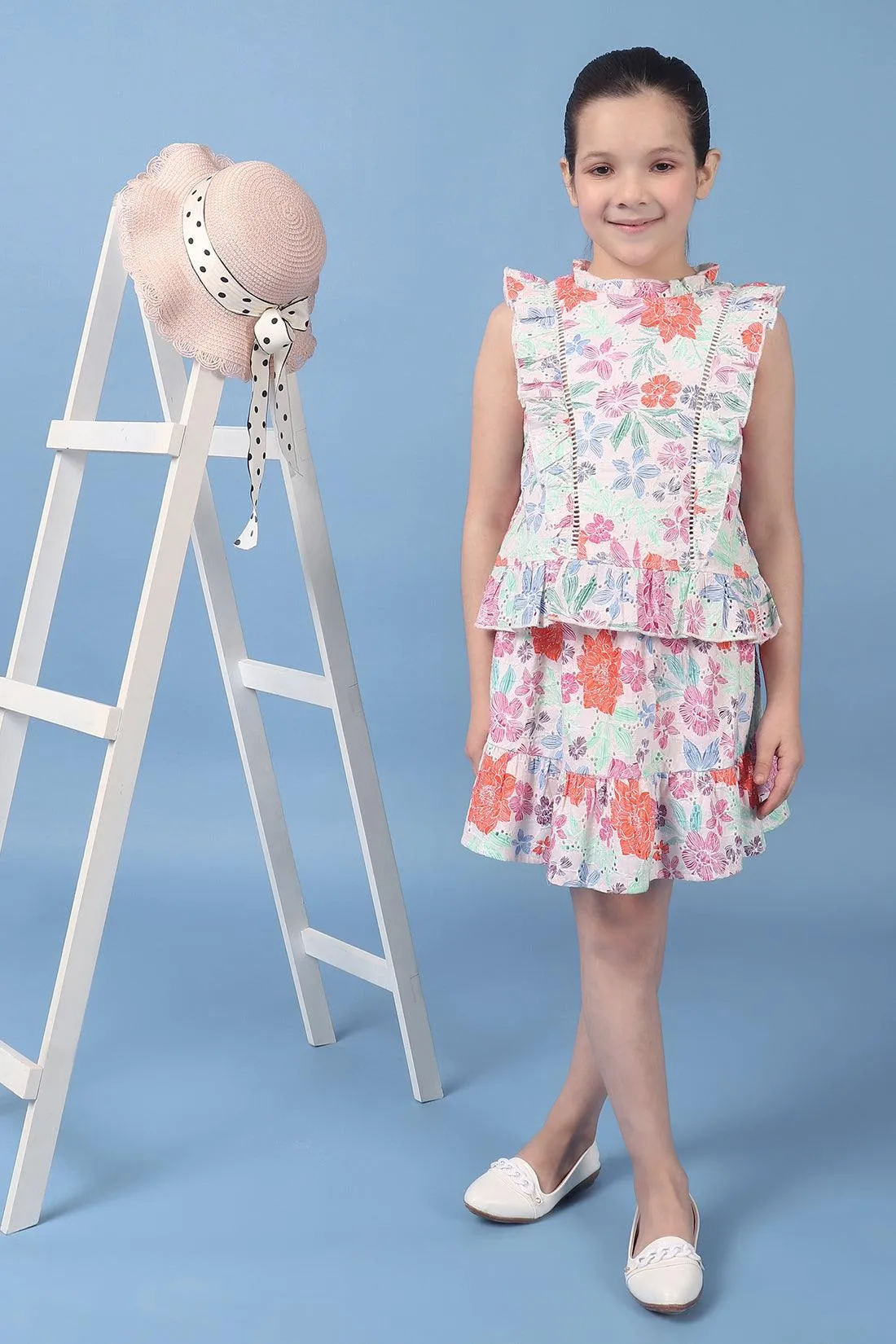 One Friday Kids Girls Beige Printed Tiered Skirt With Elasticated Waistband