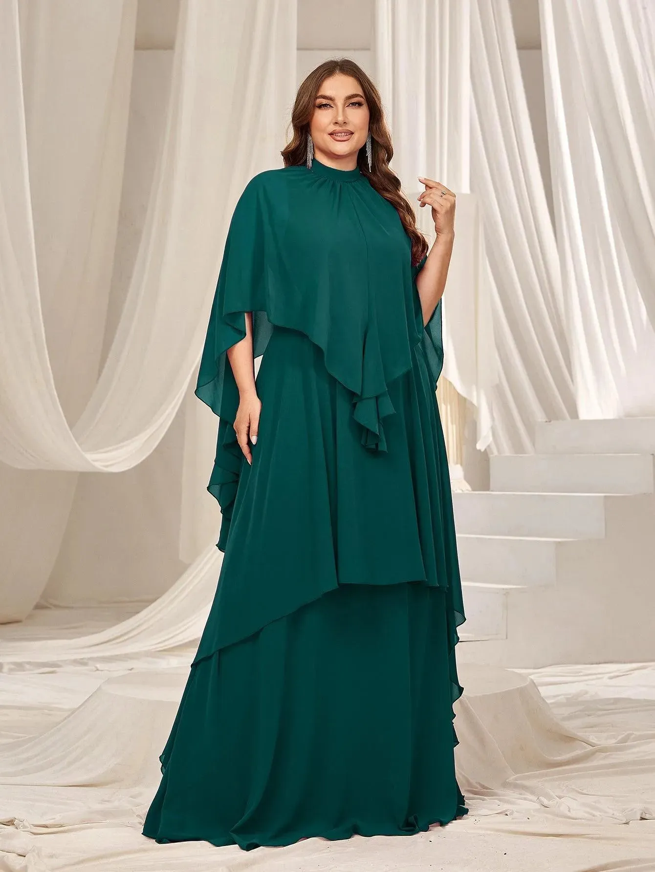 Plus Mock Neck Layered Hem Chiffon Dress