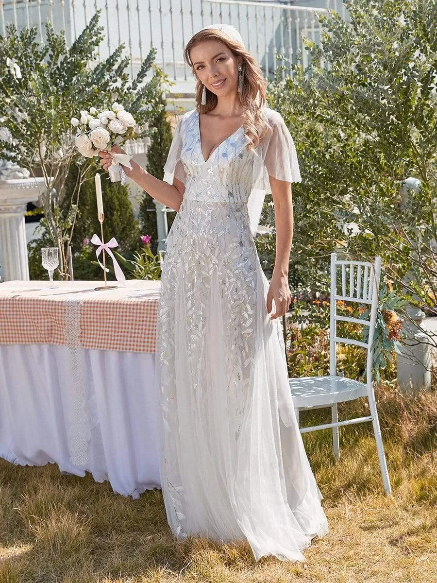 Romantic Shimmery V Neck Ruffle Sleeves Maxi Long Wedding Dresses