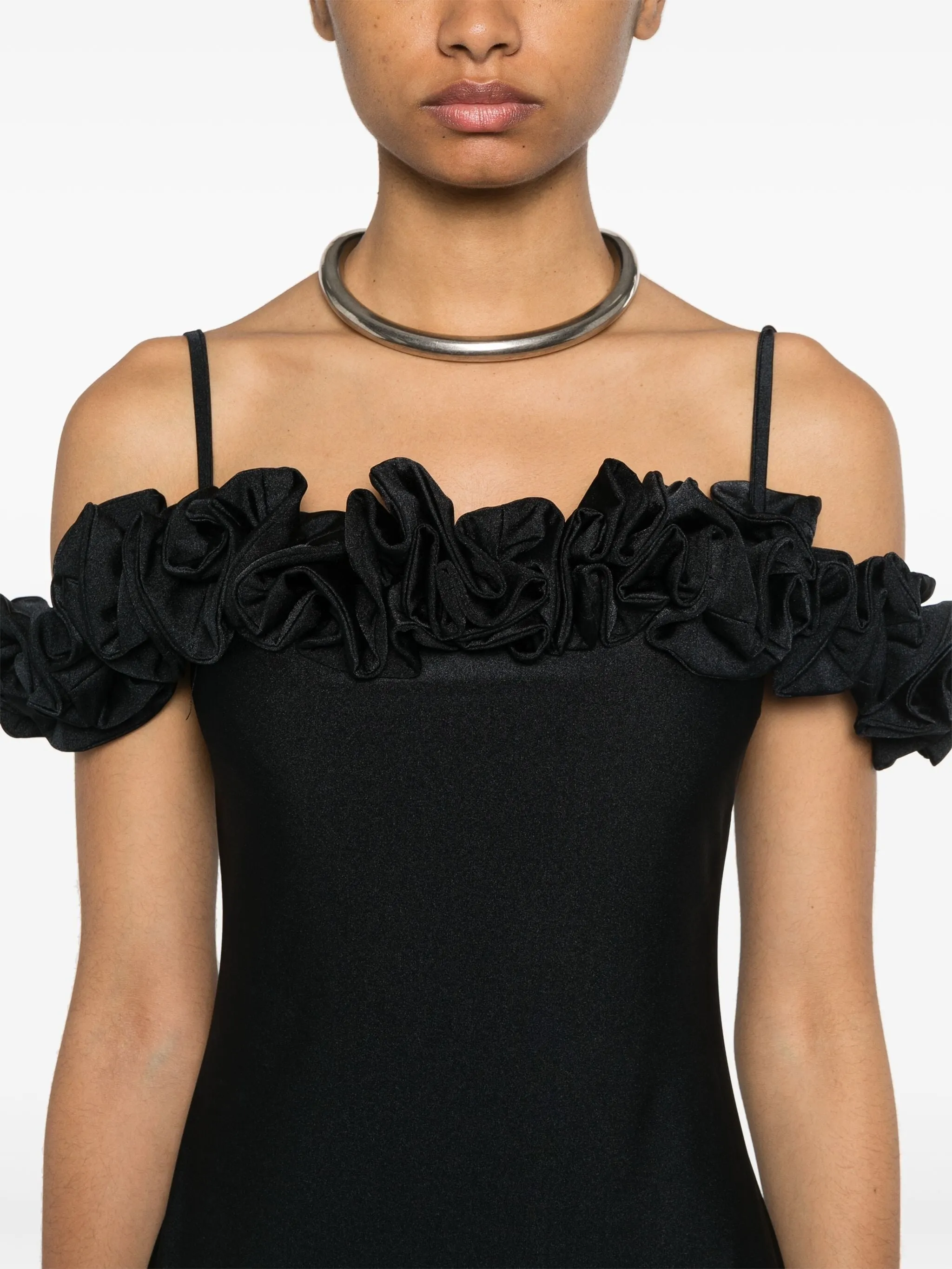 RUFFLED-TRIM SPAGHETTI STRAPS MIDI DRESS