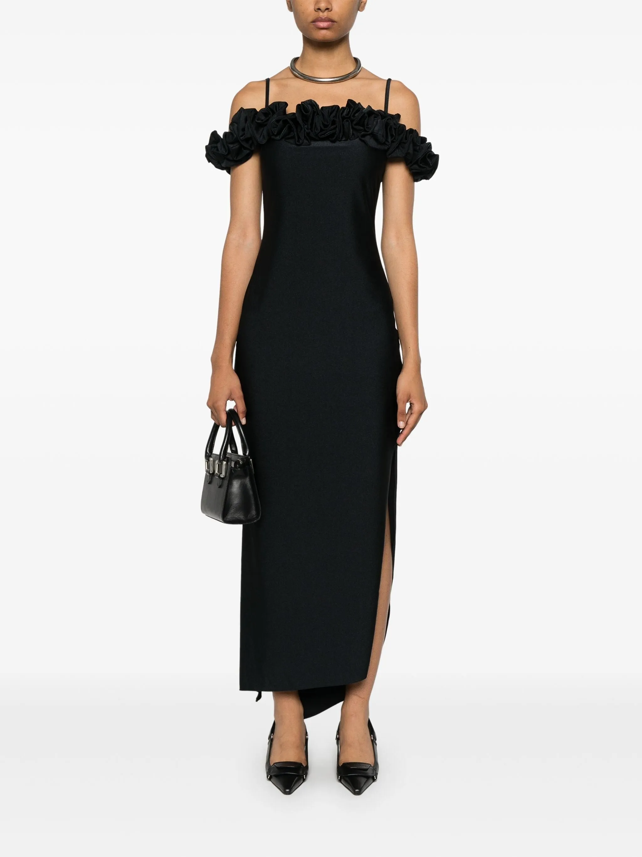 RUFFLED-TRIM SPAGHETTI STRAPS MIDI DRESS