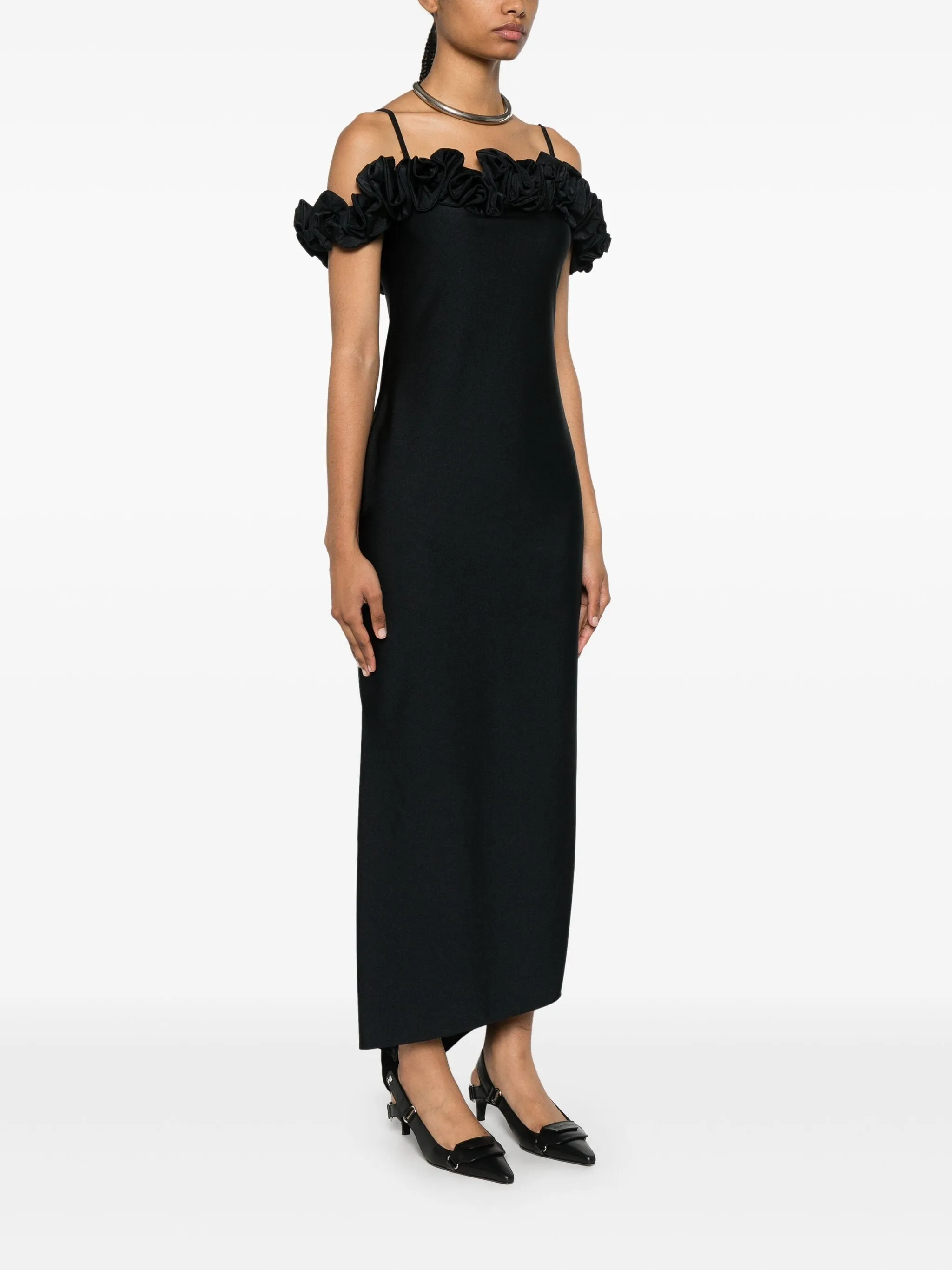 RUFFLED-TRIM SPAGHETTI STRAPS MIDI DRESS